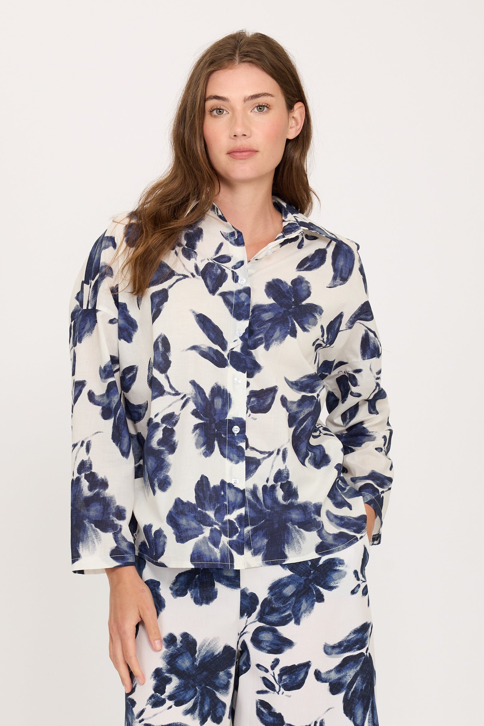 DIGITAL FLORAL MUSLIN COTTON BLOUSE