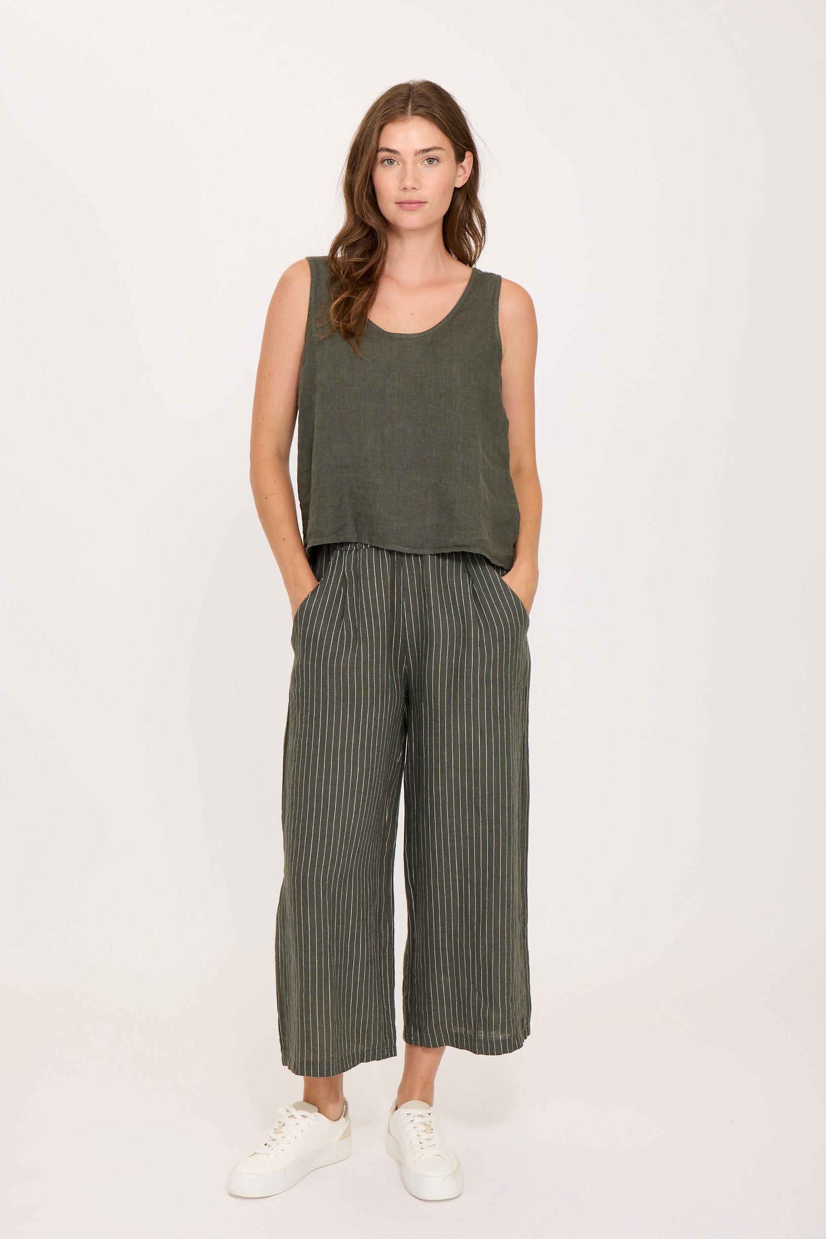 PINSTRIPED CROPPED LINEN PANT