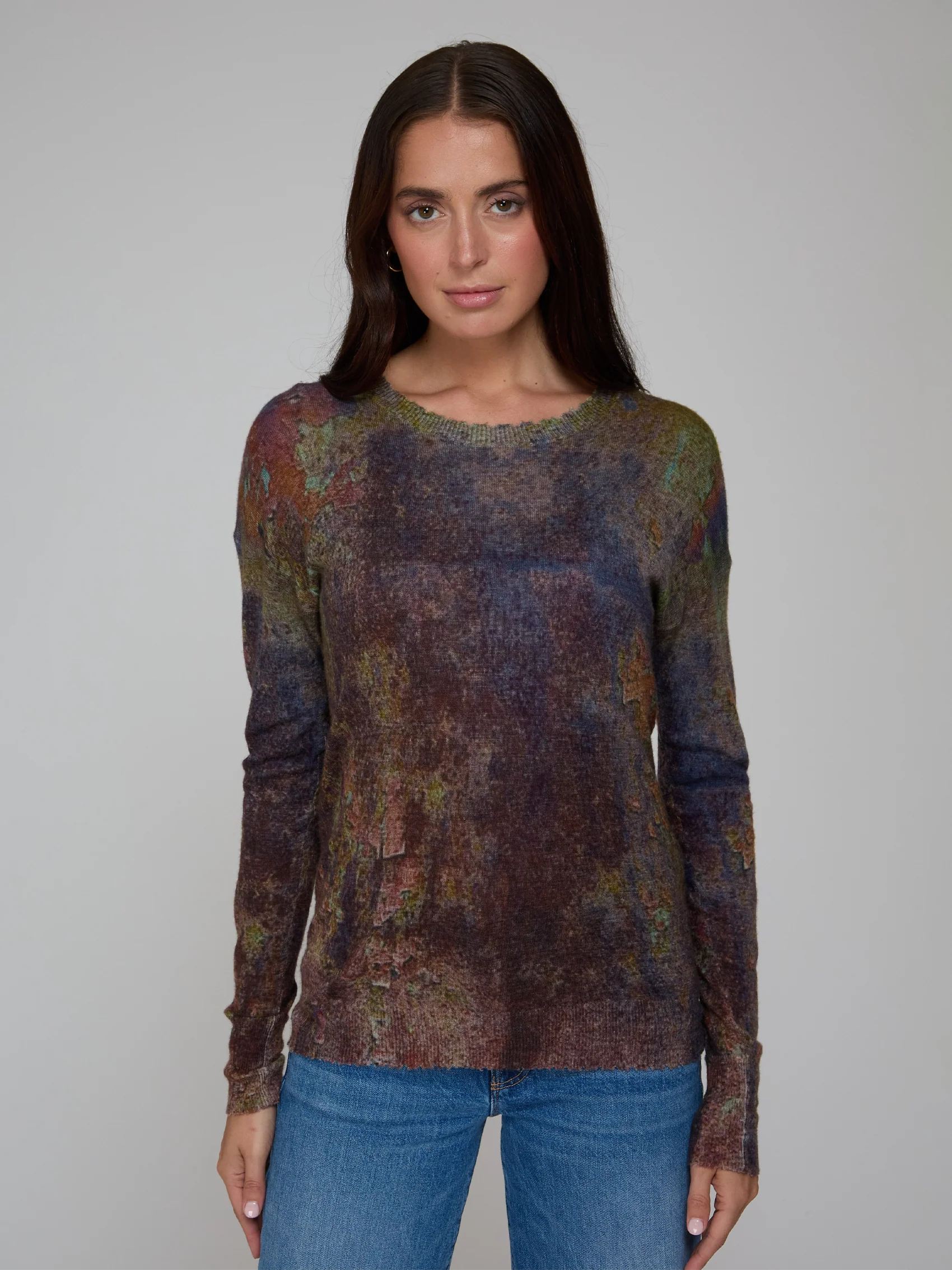 SHEER RUST PRINT RAW EDGE CREW NECK SWEATER