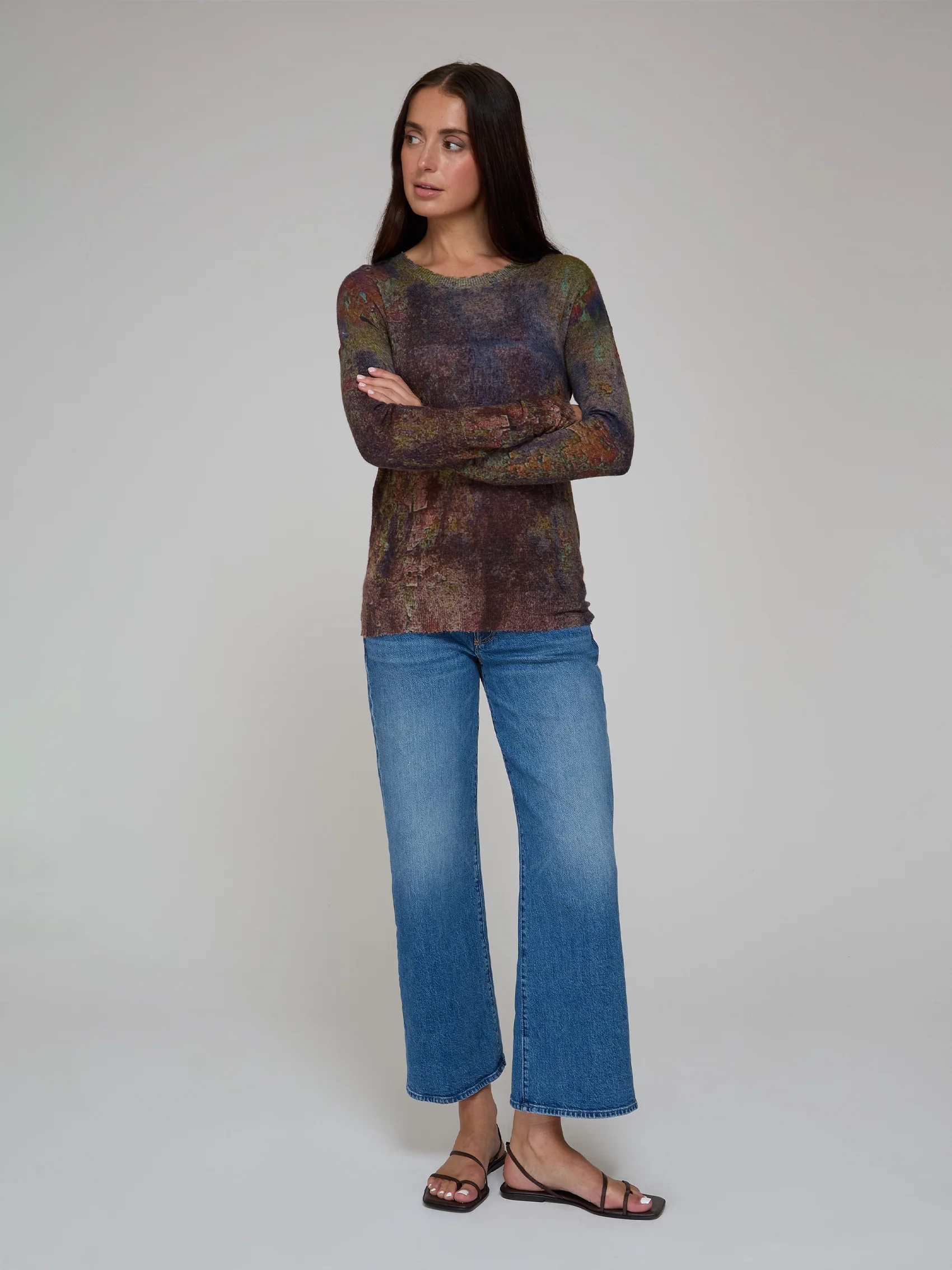 SHEER RUST PRINT RAW EDGE CREW NECK SWEATER