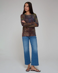 SHEER RUST PRINT RAW EDGE CREW NECK SWEATER