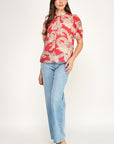 FLORAL & LACE PRINT TIE NECK PUFF SLEEVE BLOUSE