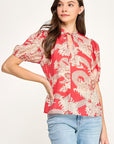 FLORAL & LACE PRINT TIE NECK PUFF SLEEVE BLOUSE