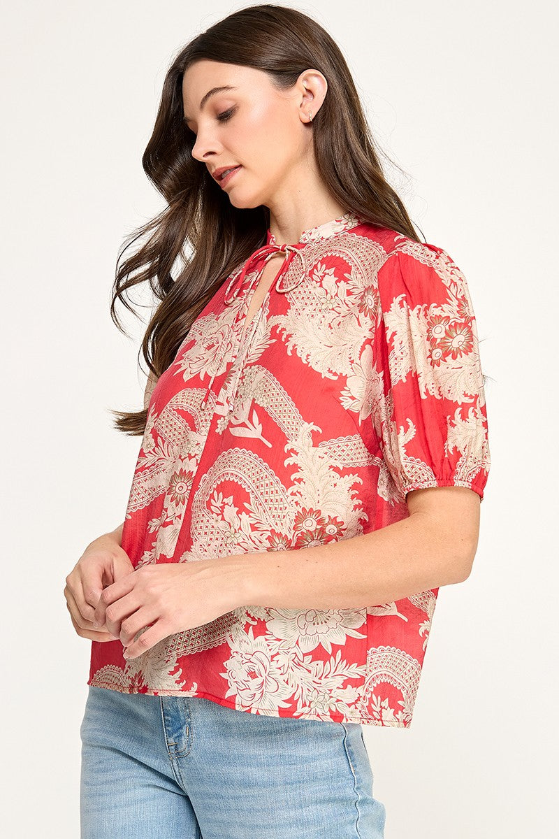 FLORAL &amp; LACE PRINT TIE NECK PUFF SLEEVE BLOUSE
