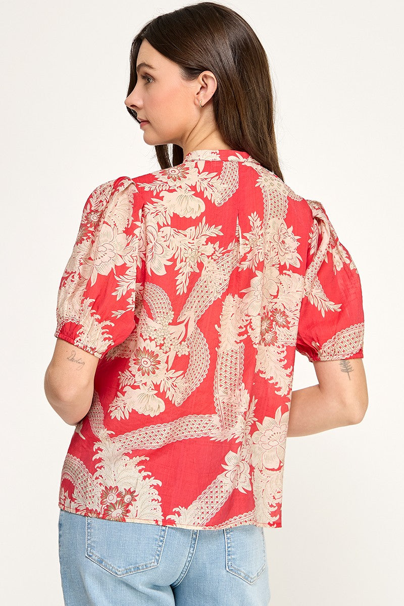 FLORAL &amp; LACE PRINT TIE NECK PUFF SLEEVE BLOUSE