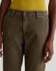 close up of front ag jeans caden tailored trouser in sulfur shady moss green, showing front pockets