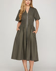 SMOCKED WAIST SHORT SLEEVE ZIP DRESS