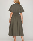 SMOCKED WAIST SHORT SLEEVE ZIP DRESS