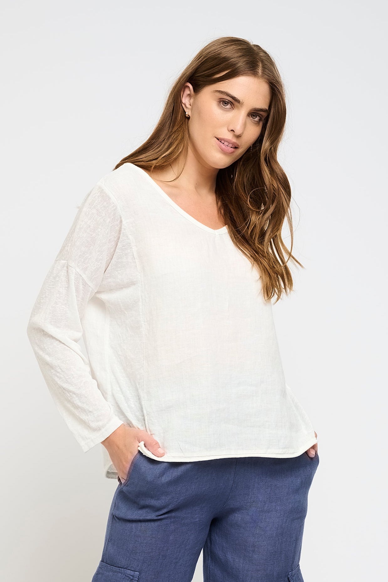 LONG SLEEVE LINEN &amp; WOVEN TOP