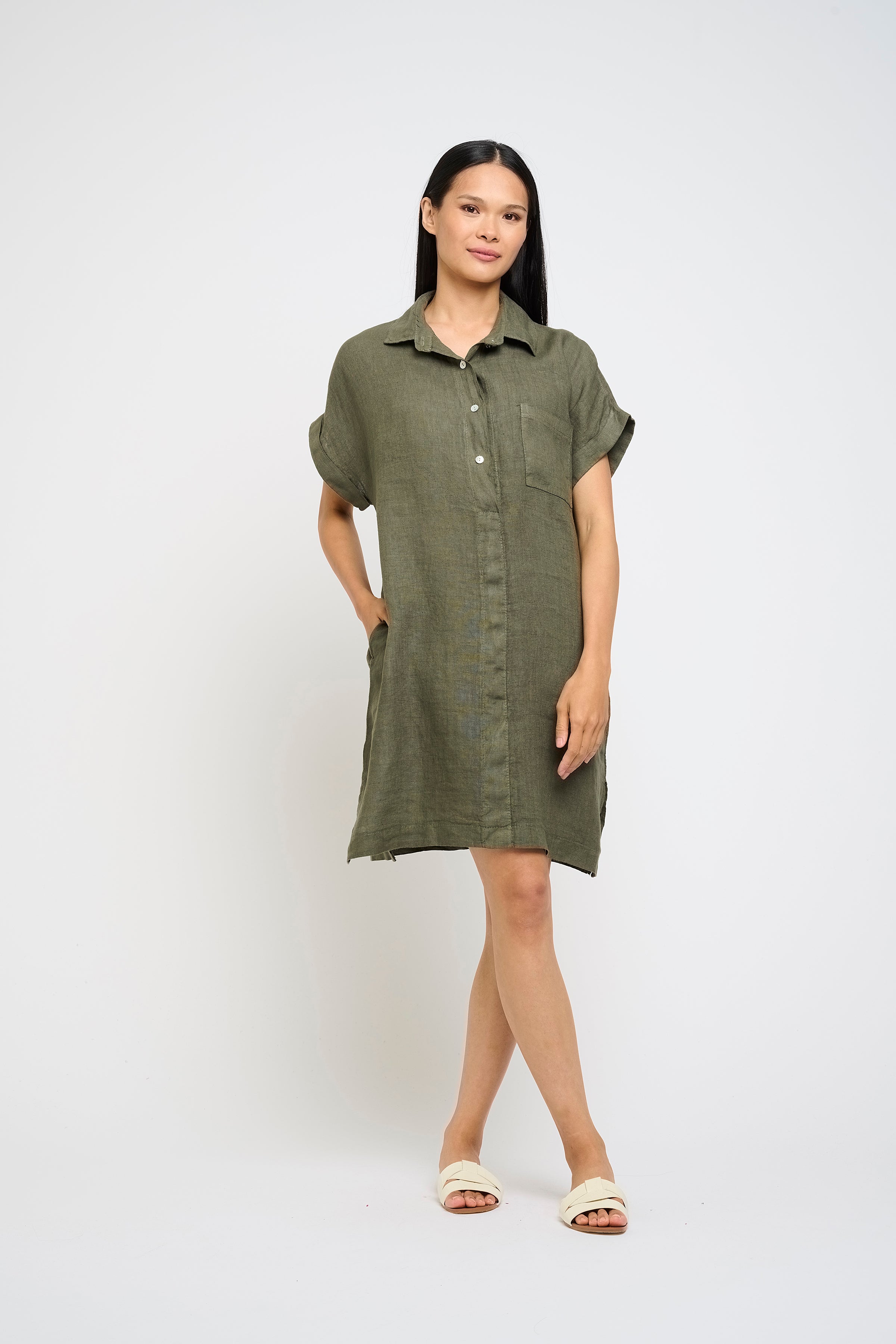 LINEN SHIRT DRESS WITH PATCH POCKET