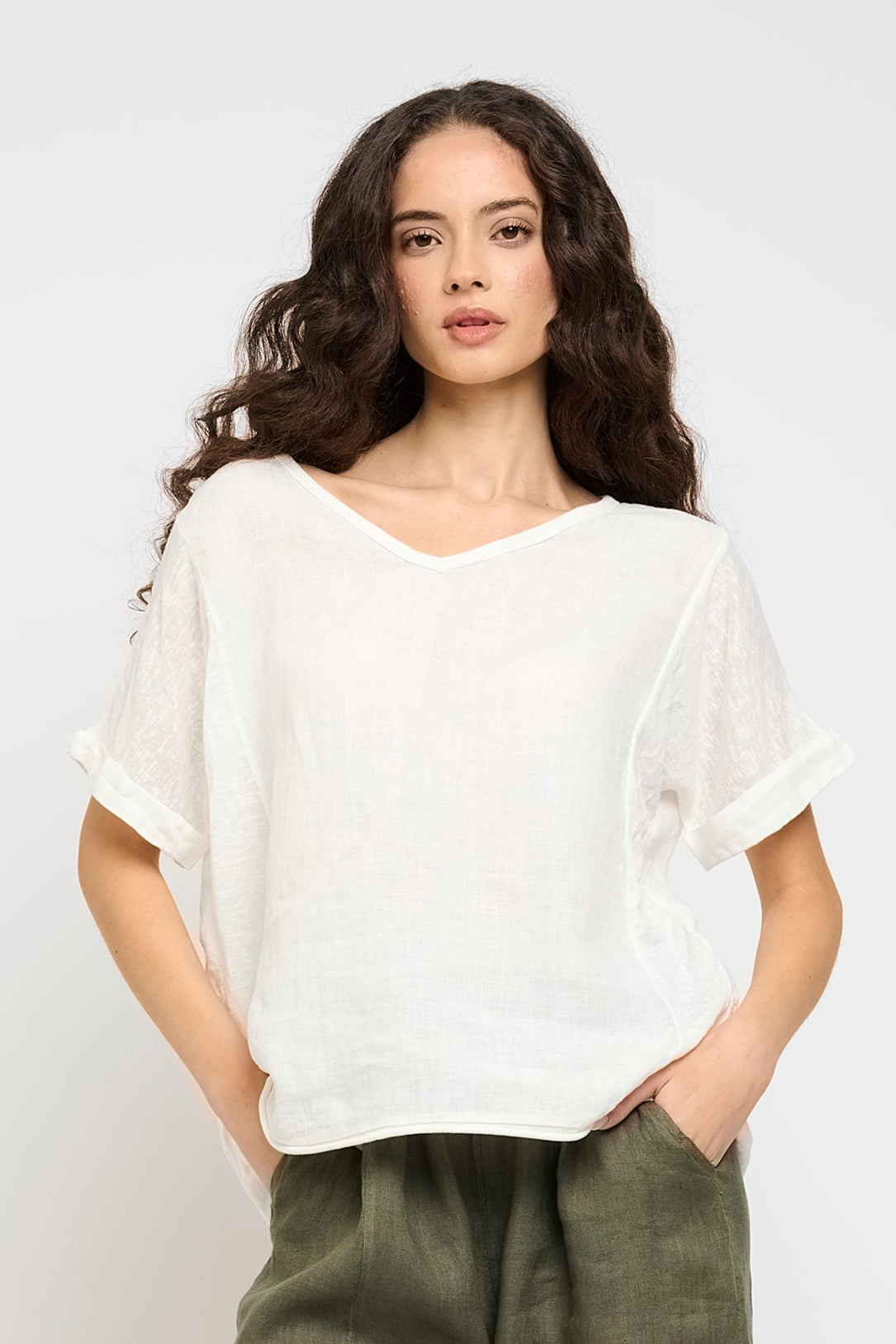 SHORT SLEEVE V-NECK LINEN &amp; WOVEN TOP