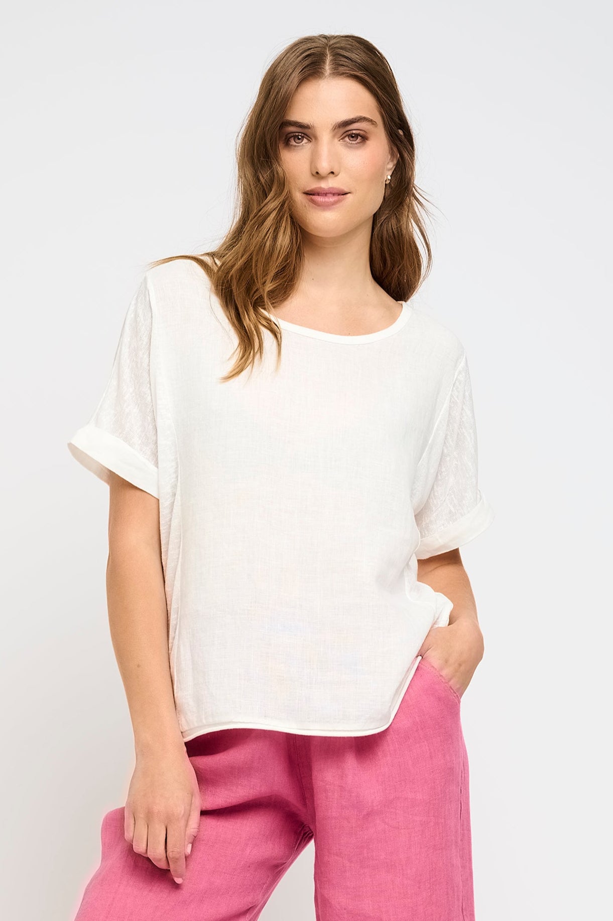 SHORT SLEEVE CREW NECK LINEN &amp; WOVEN TOP