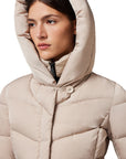 tallia mid length hooded parka in beige, with hood up 