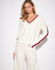 TRUETT STRIPED SLEEVE V-NECK SWEATER