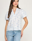 SKETCHED FLORAL SPLIT NECK PUFF SLEEVE BLOUSE