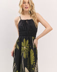 TROPICAL LEAVES SMOCKED WAIST SUNDRESS
