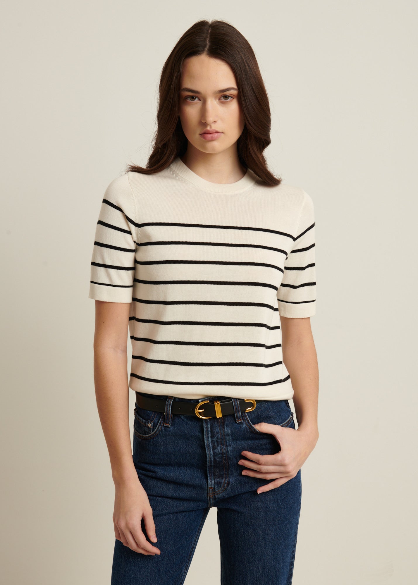 SHORT SLEEVE COTTON CUPRO STRIPE SWEATER