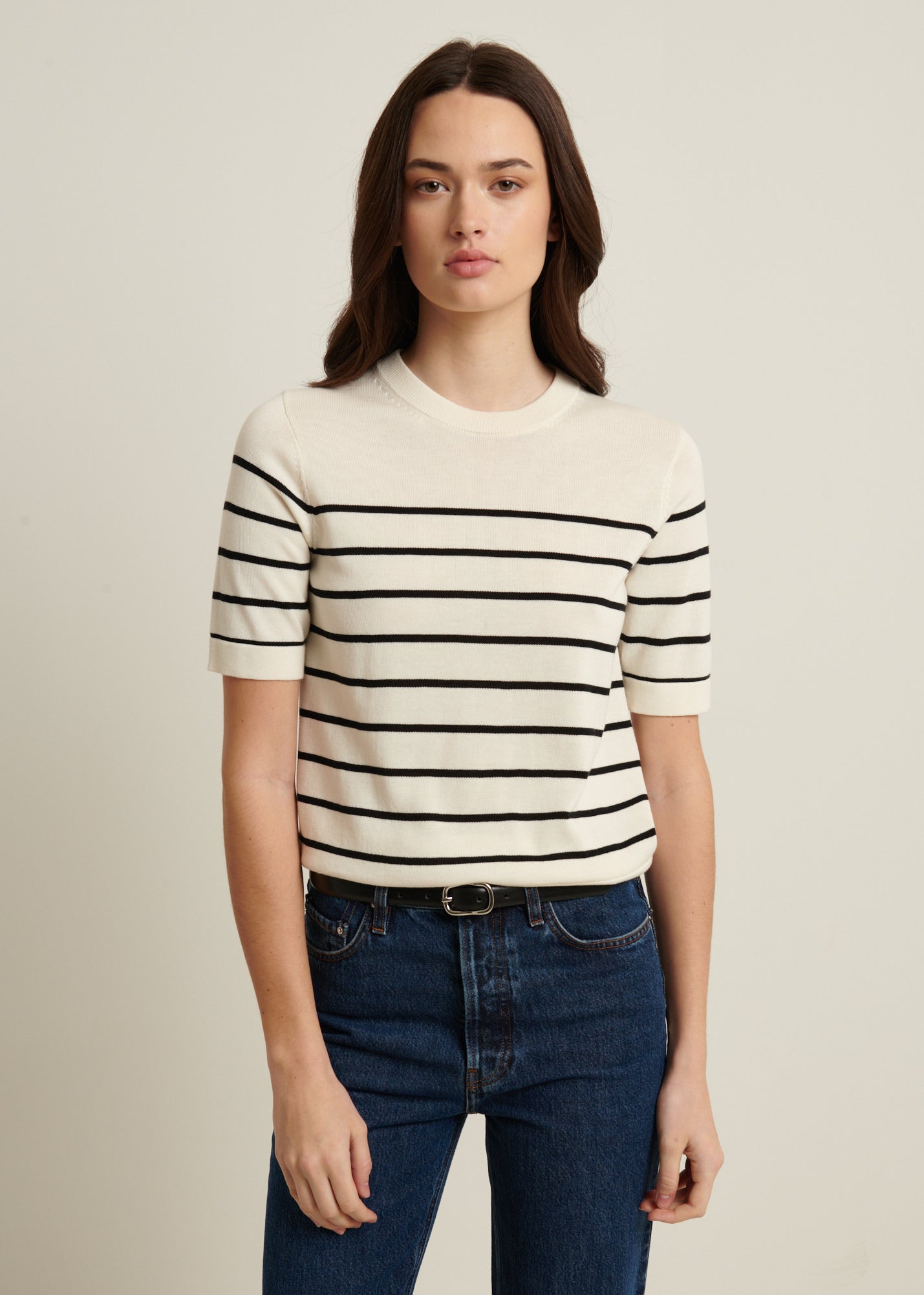 SHORT SLEEVE COTTON CUPRO STRIPE SWEATER