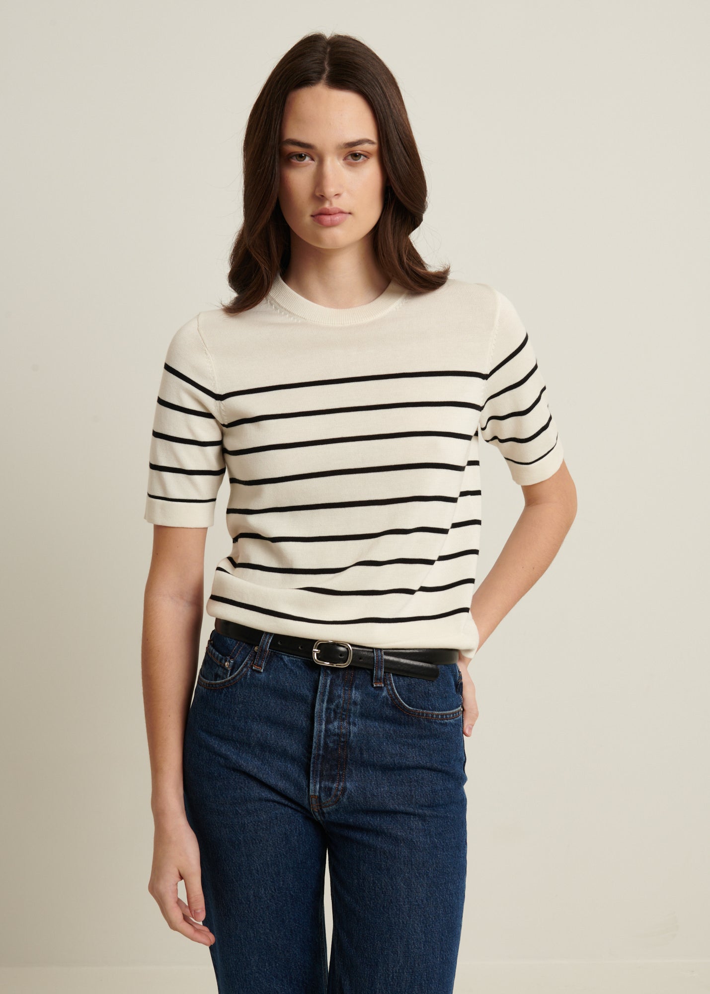 SHORT SLEEVE COTTON CUPRO STRIPE SWEATER