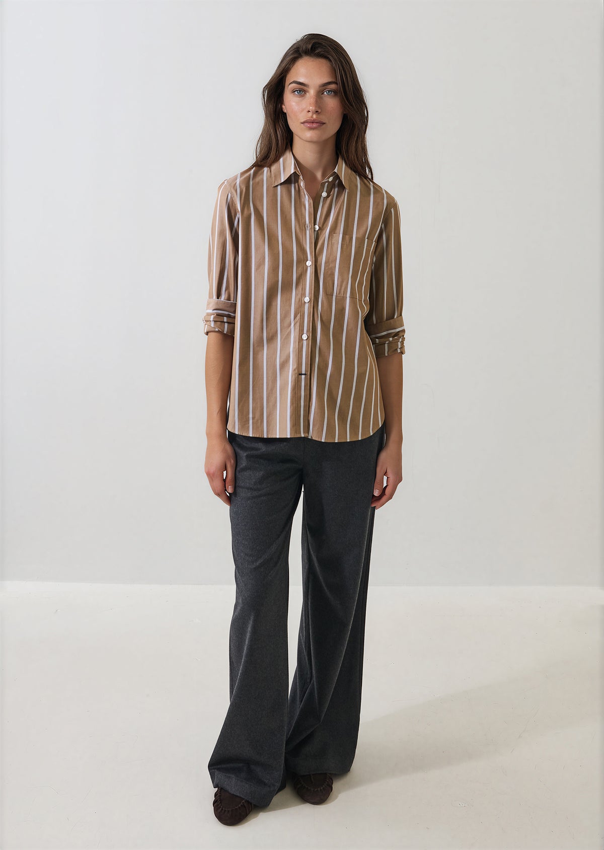 LONG SLEEVE COTTON BOYFRIEND STRIPED POCKET SHIRT