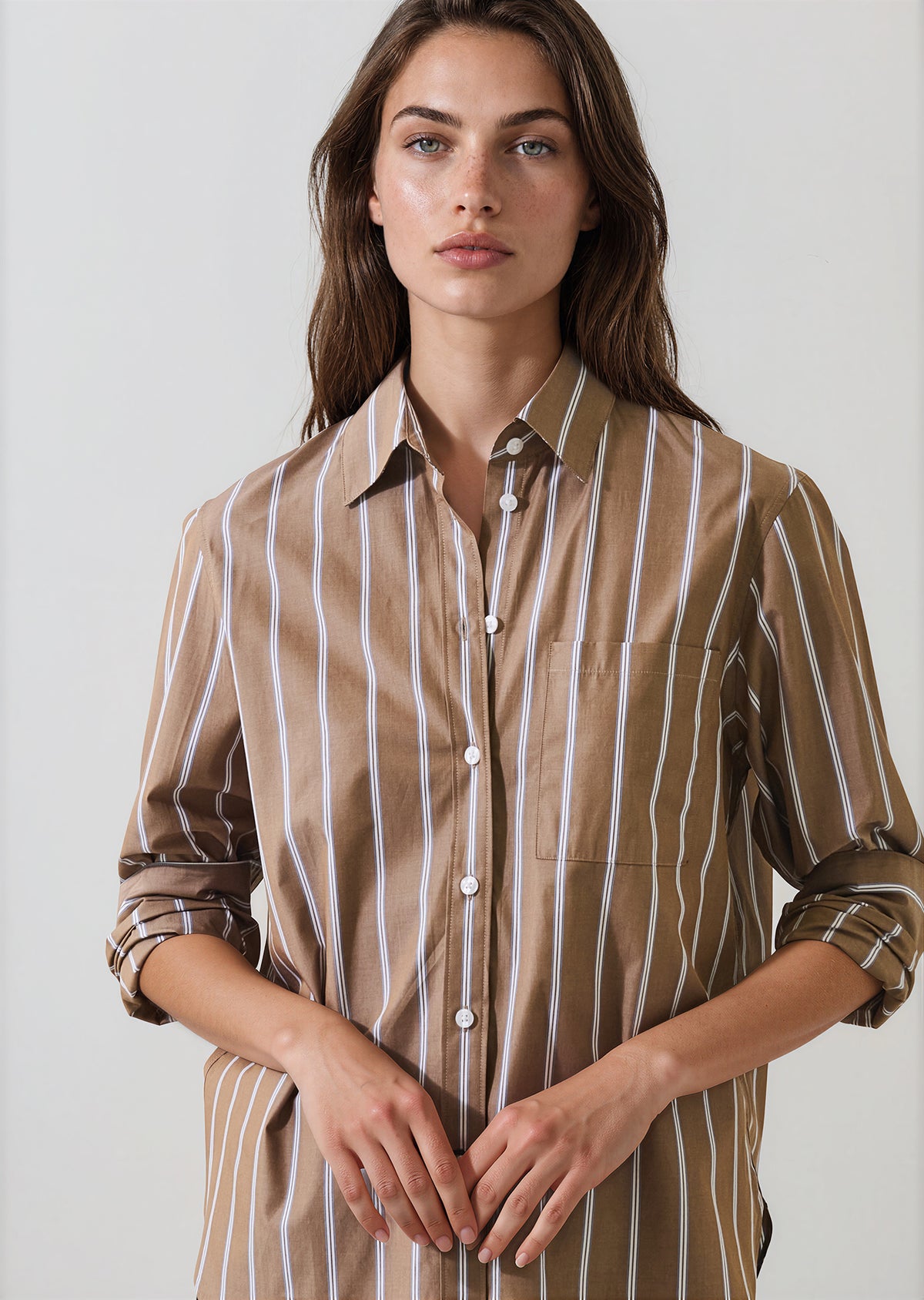 LONG SLEEVE COTTON BOYFRIEND STRIPED POCKET SHIRT