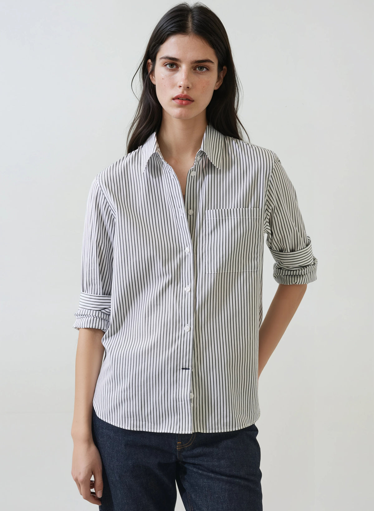 LONG SLEEVE COTTON BOYFRIEND STRIPED POCKET SHIRT