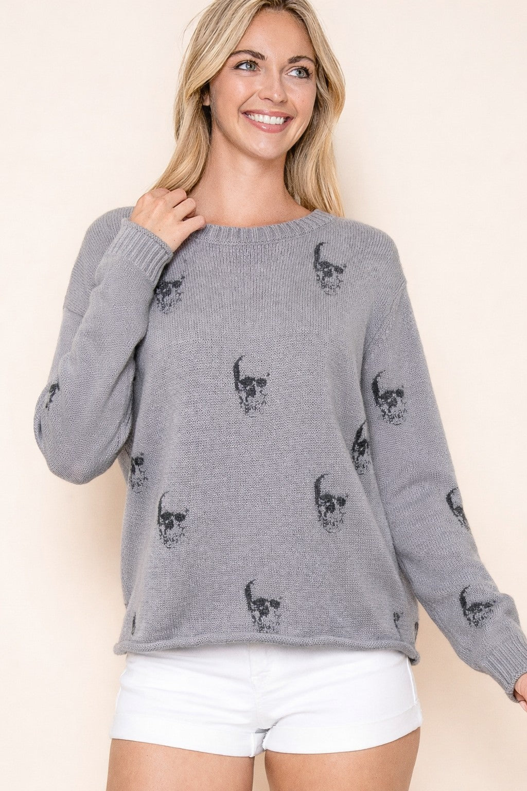 SHADOW SKULL ROLL HEM SWEATER