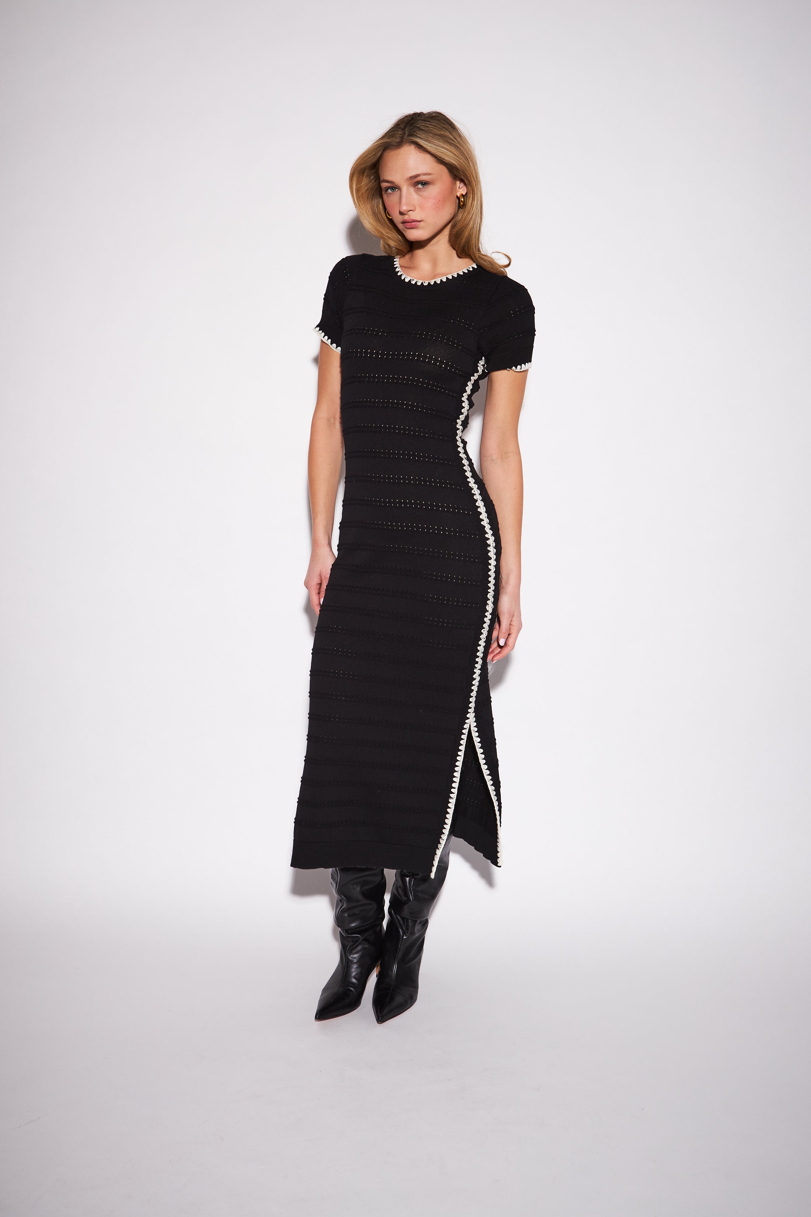 *COMING SOON* WARREN EMBROIDERED TRIM OPEN KNIT DRESS