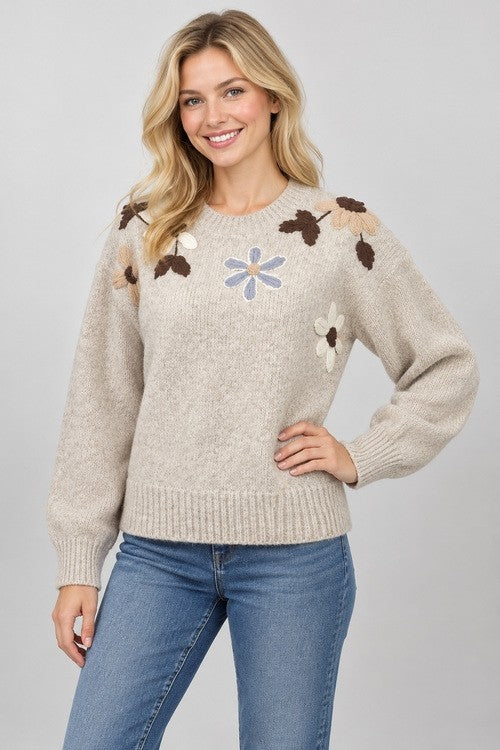 FALLING FLOWERS APPLIQUE SWEATER