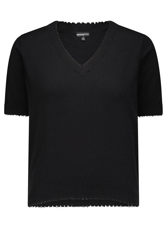 COTTON CASHMERE FRAYED V-NECK TEE