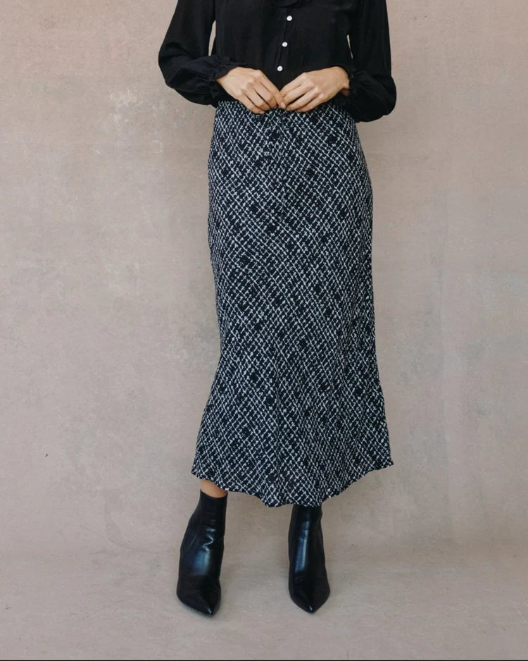 GRID PRINT BIAS SKIRT WITH TIE