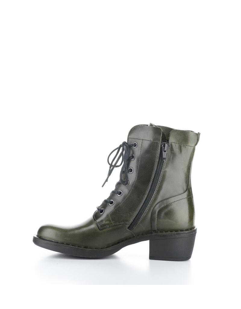 fly london milu lace up booty in olive green, side view