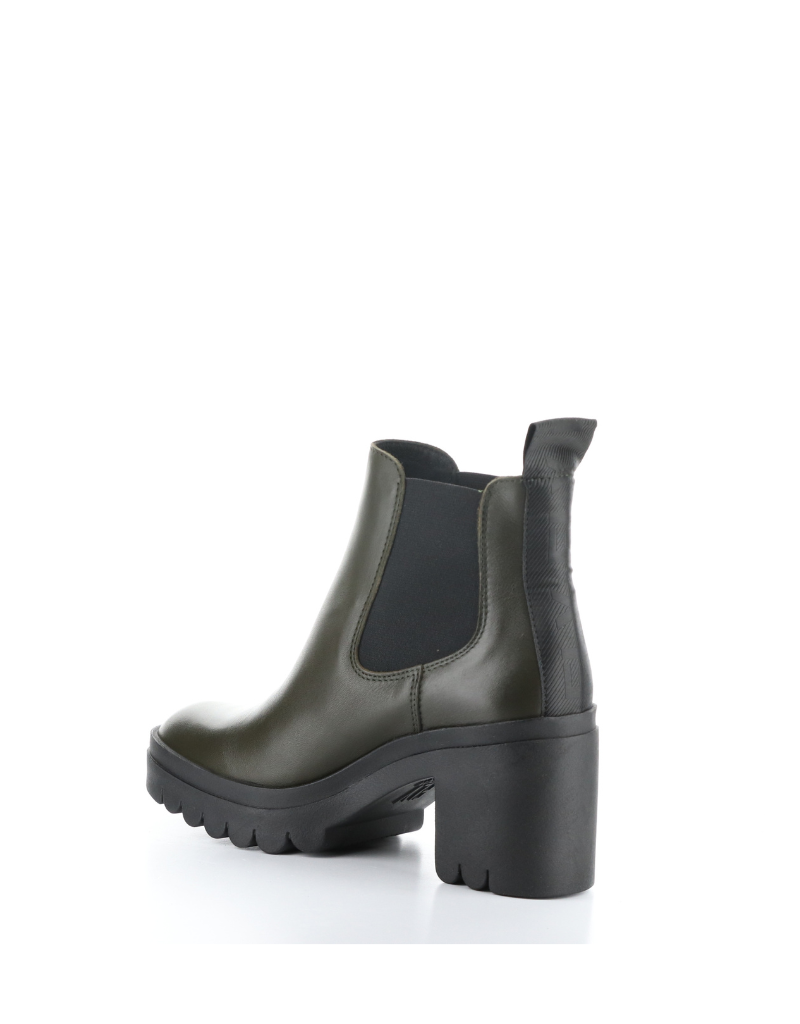 fly london tope lug sole heeled chelsea boot in olive, left angled view 