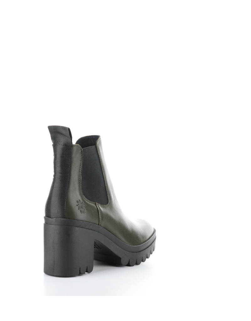 fly london tope lug sole heeled chelsea boot in olive, angled view 