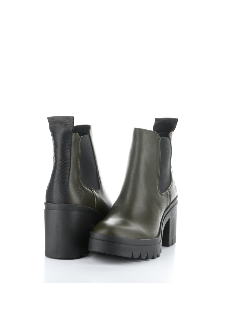 pair of fly london tope lug sole heeled chelsea boot in olive