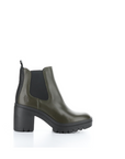 fly london tope lug sole heeled chelsea boot in olive, side view 