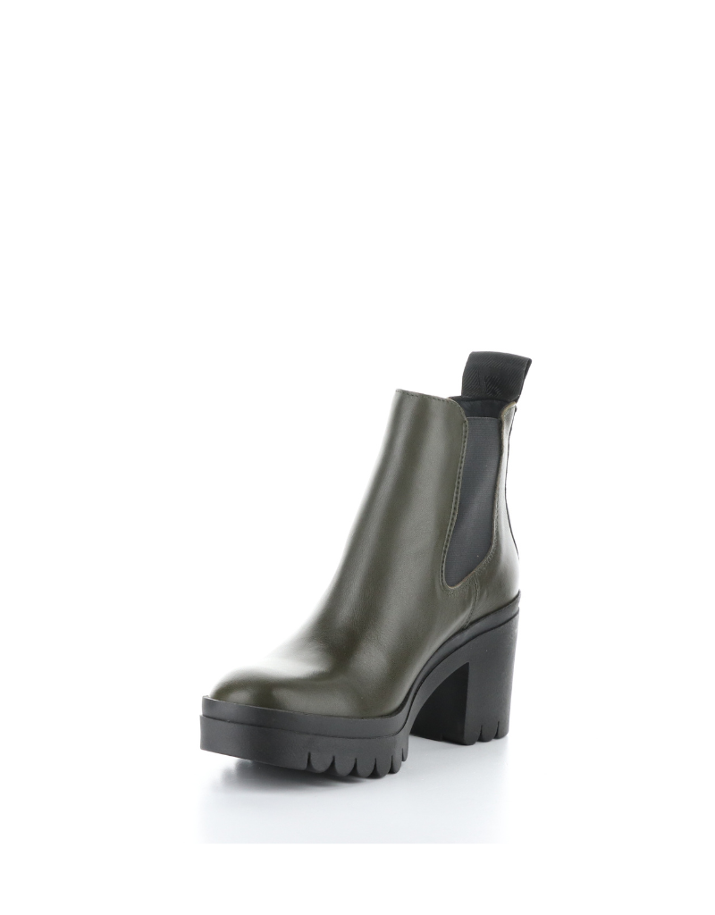 fly london tope lug sole heeled chelsea boot in olive, front angled view 