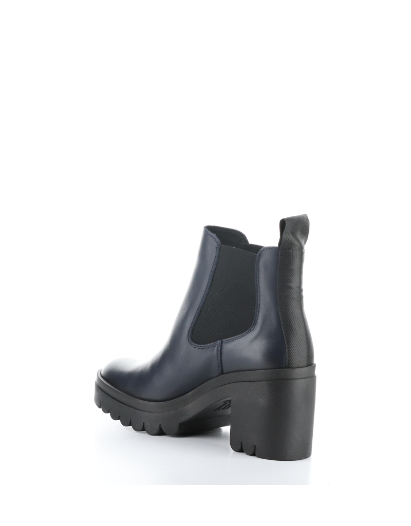 fly london tope lug sole heeled chelsea boot in navy, left angled view 