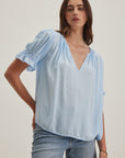 CALISSA RAYON CHALLIS DIAMOND SMOCK PUFF SLEEVE BLOUSE