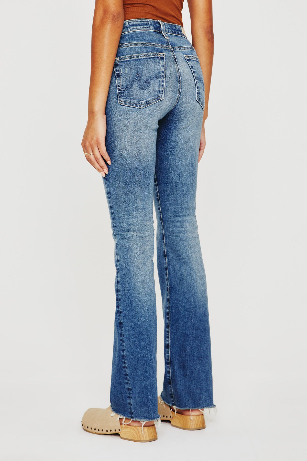 ag jeans farrah high rise boot cut jean in 14 years intentional blue, rear view