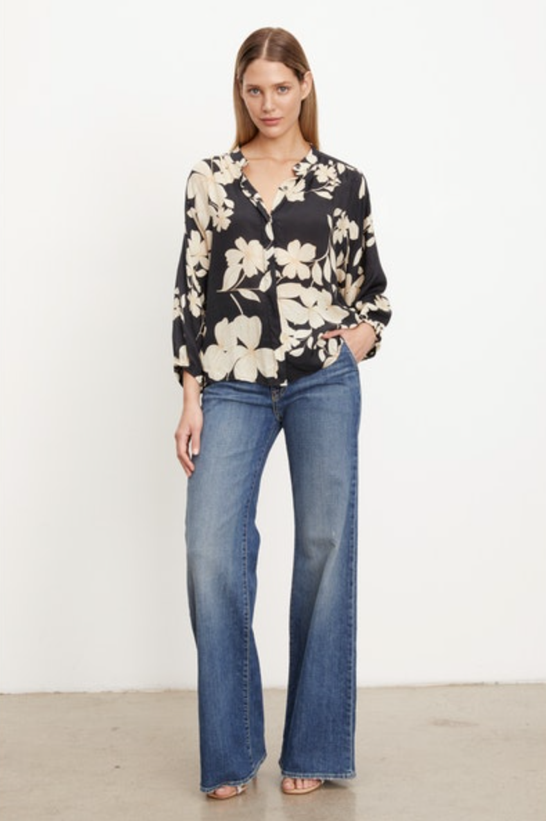 destina daylily print blouse in black, styled with jeans