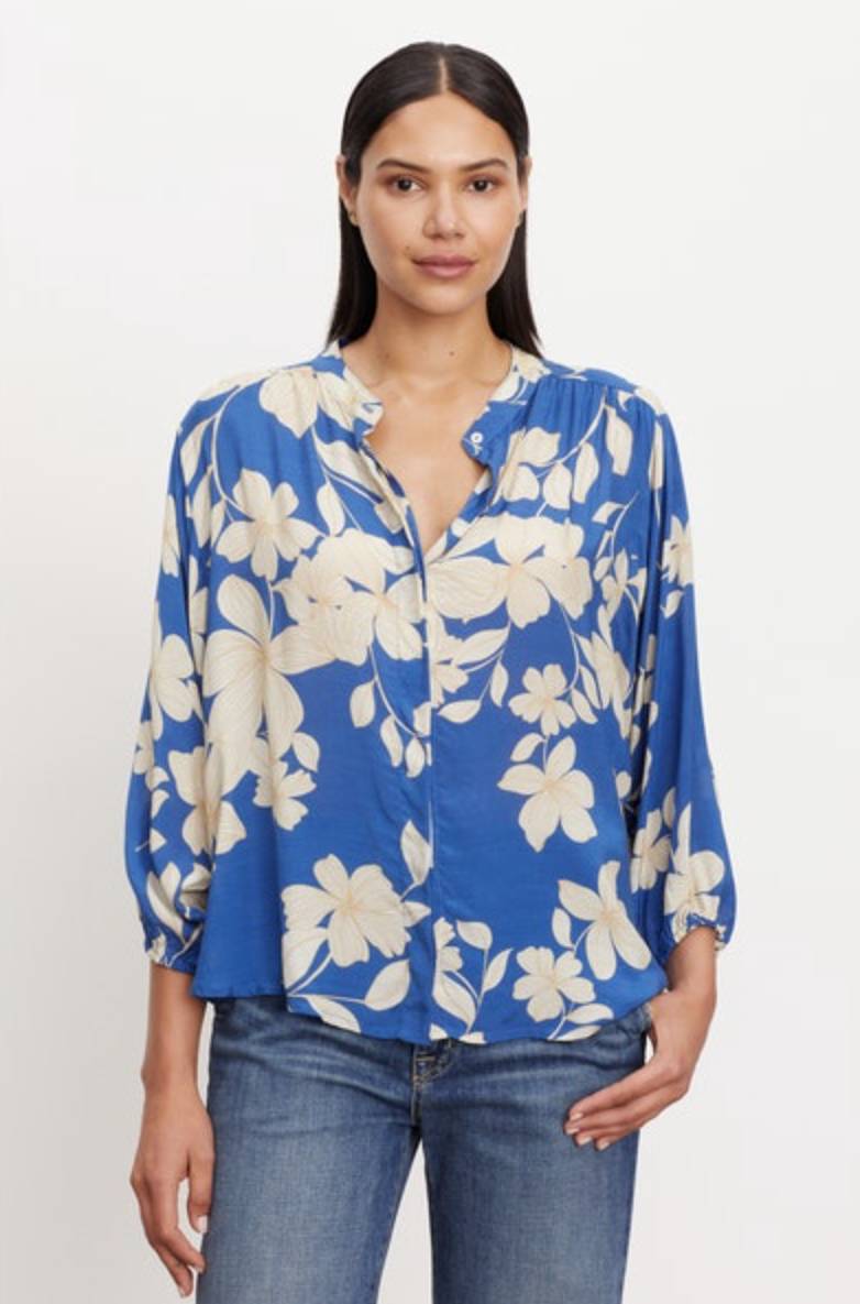 destina daylily print blouse in blue, front view