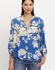 destina daylily print blouse in blue, front view