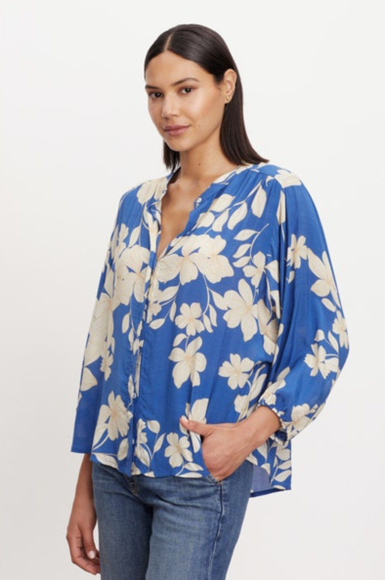 destina daylily print blouse in blue, side view