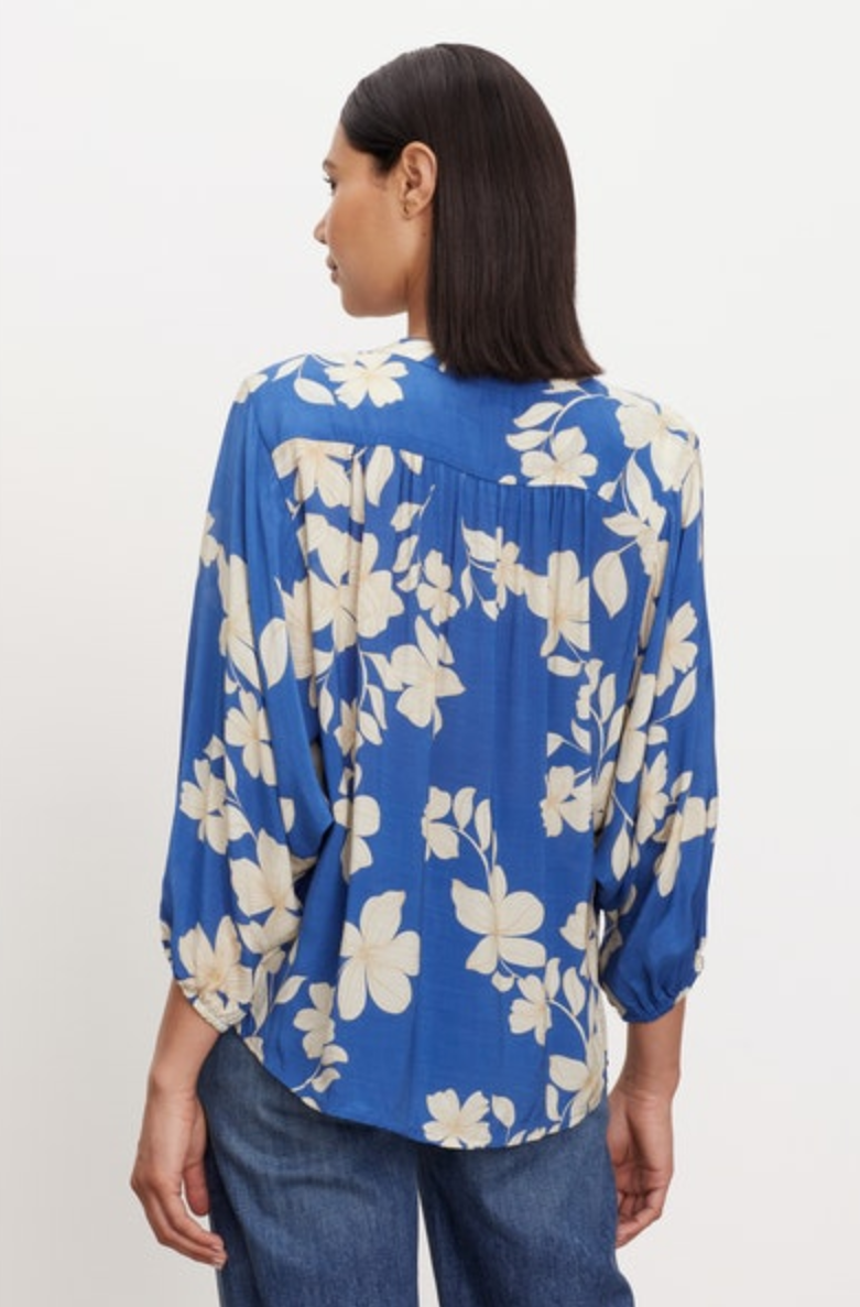 destina daylily print blouse in blue, rear view
