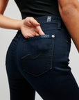Close up of the back stitching on 7 for all mankind's kimmie mid rise straight leg jeans in dark blue denim
