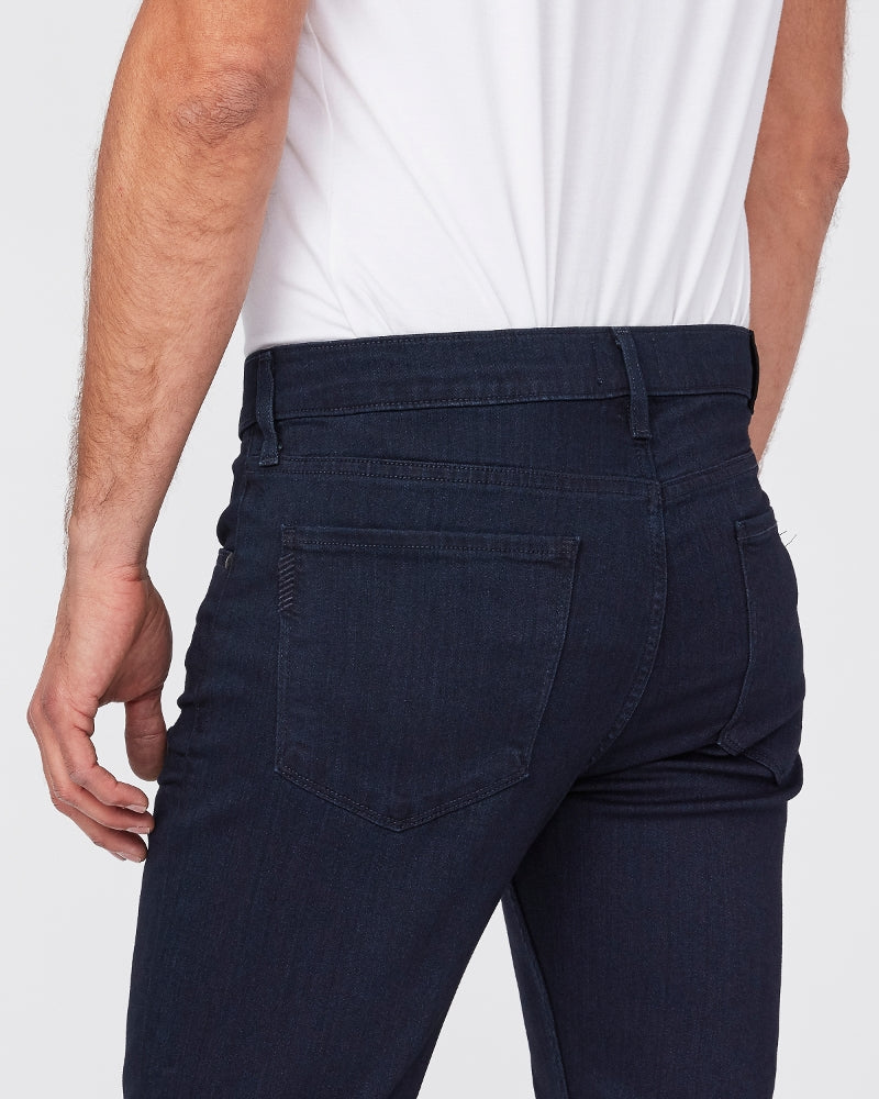 close up rear view of the lennox skinny fit jean from paige in inkwell dark blue, showing rear pocket detail