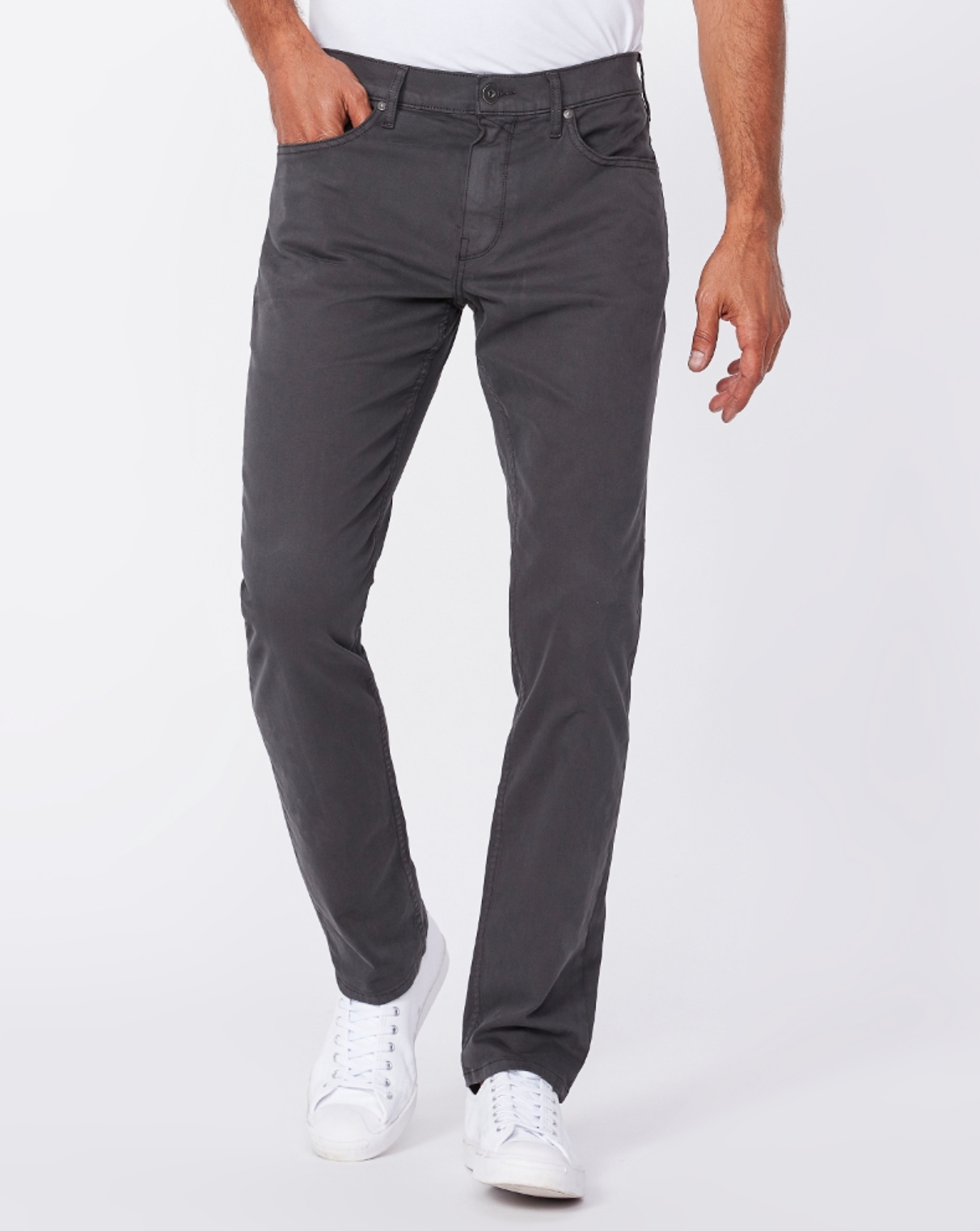 waist down front view of the lennox skinny fit twill pant from paige, in grey