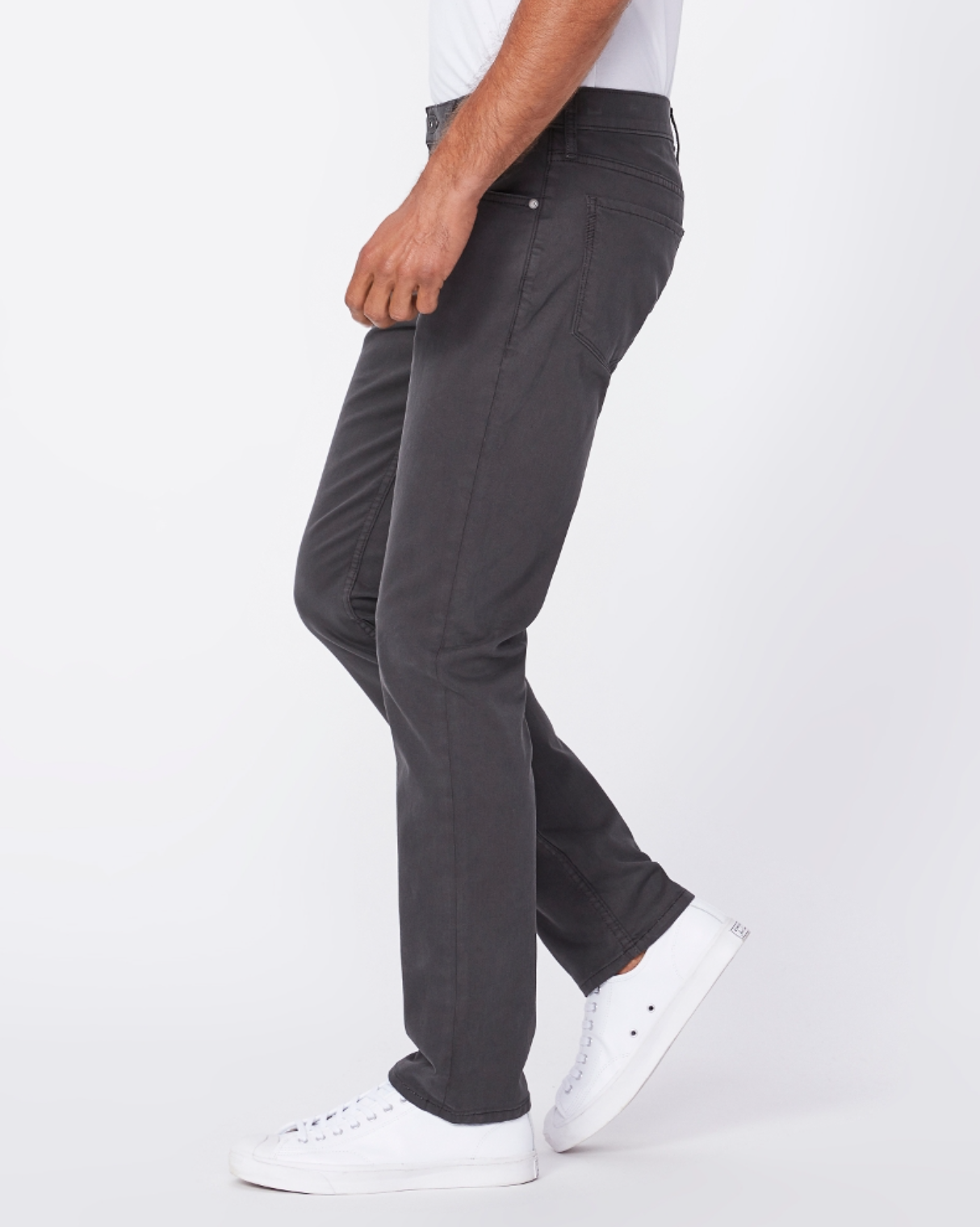 waist down side view of the lennox skinny fit twill pant from paige, in grey