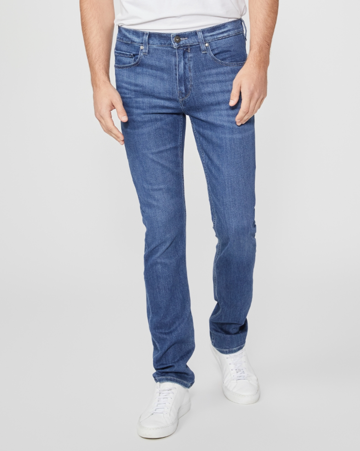 waist down front view of the federal slim straight jean from paige in redding blue